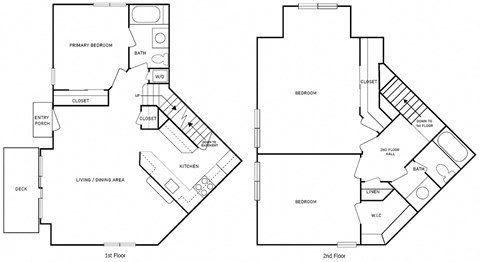 2-D floor plan of a 3-bedroom, 2-bathroom, 2-story townhome apartment with finished basement